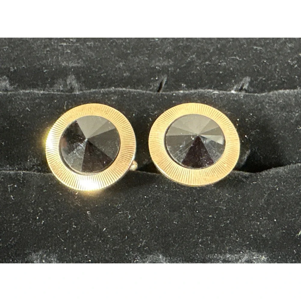 Vintage Gold Tone Round Cufflinks Black Faceted Center Sunburst Texture Mens